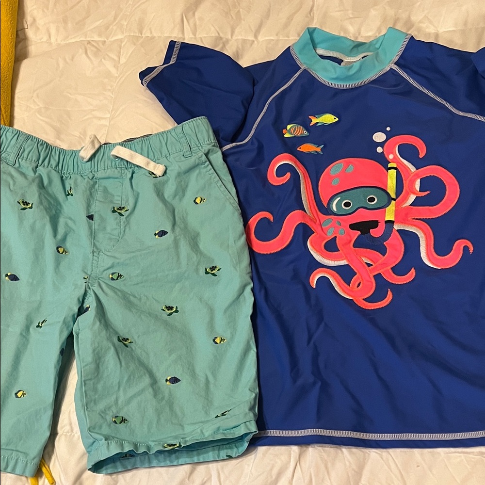 Gymboree Boys Octopus 🐙 Rash Guard Sz 12 blue turtle shorts sz 10